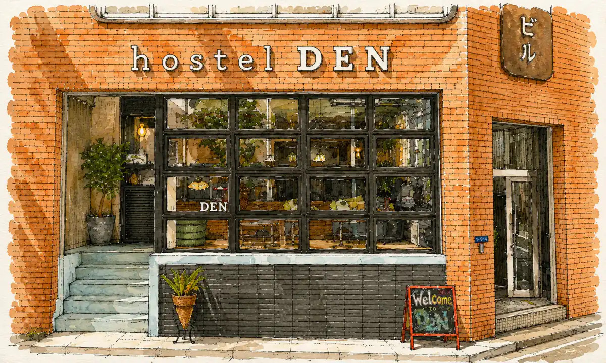 Watercolor drawing of the hostel DEN building